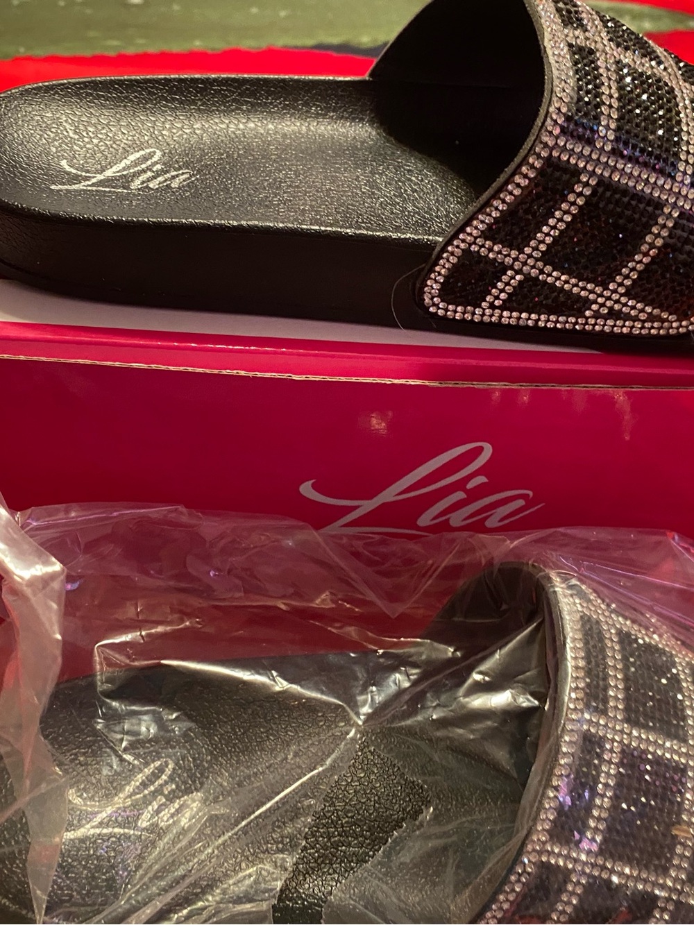 Lia Rhinestone Embellished Slide Sandal in Black